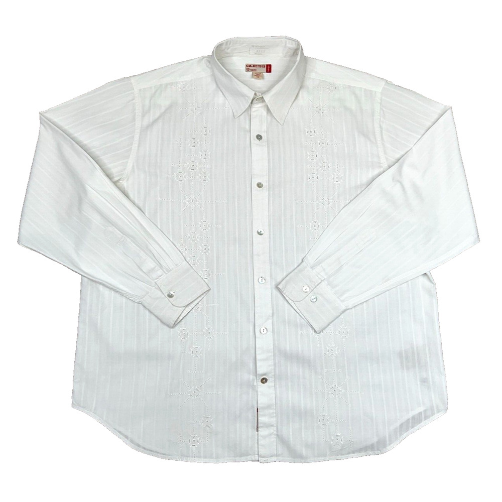 Guess Men's White Long Sleeve Button Up Embroidered Dress Shirt Size X Large